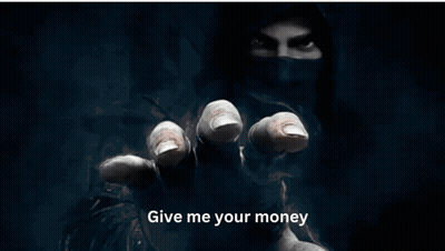 A Man Holding A Flashlight With The Words Give Me Your Money Written Below Him GIF