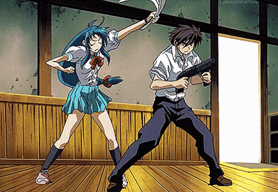 A Man Holding A Gun And A Girl Holding A Sword In A Room With The Words " Heartstation " In The Corner GIF