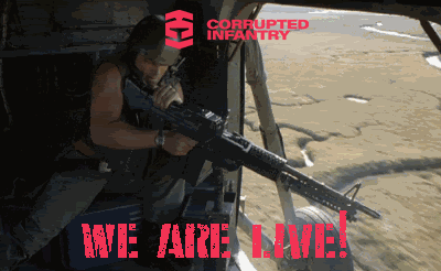 A Man Holding A Gun In A Helicopter With The Words Corrupted Infantry Behind Him GIF
