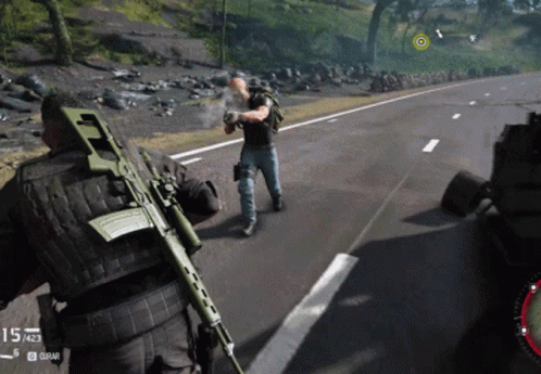 A Man Holding A Gun In A Video Game With The Number 15 On The Bottom GIF