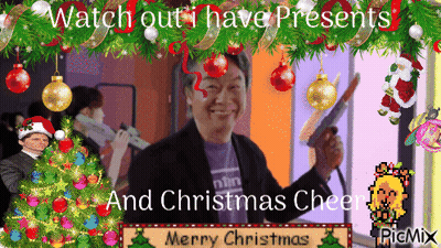 A Man Holding A Gun In Front Of A Christmas Tree Says Watch Out I Have Presents And Christmas Cheer GIF