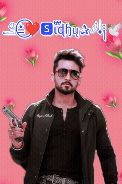 A Man Holding A Gun In Front Of A Pink Background That Says Sidhu Ali GIF
