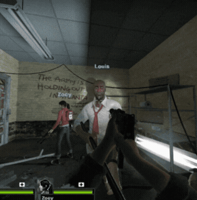 A Man Holding A Gun In Front Of A Wall That Says Louis GIF