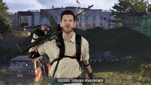 A Man Holding A Gun In Front Of A White House With The Words " Nossos Lideres Morreram " Underneath Him GIF