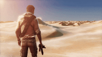 A Man Holding A Gun Walking Through A Desert Landscape GIF