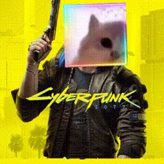 A Man Holding A Gun With A Cat On His Head And The Words Cyberpunk 2077 On The Bottom GIF