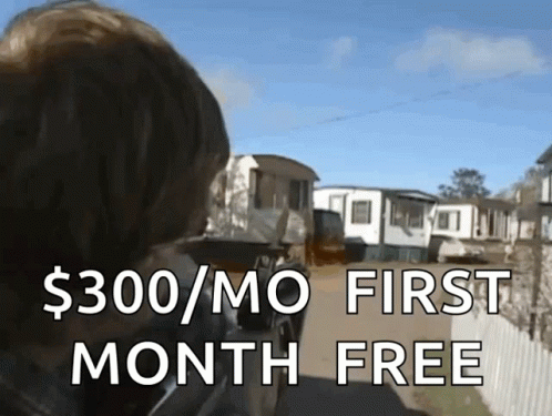 A Man Holding A Gun With The Words $ 300 / Mo First Month Free Below Him GIF