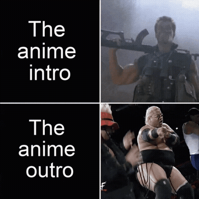 A Man Holding A Gun With The Words The Anime Intro And The Anime Outro Below Him GIF