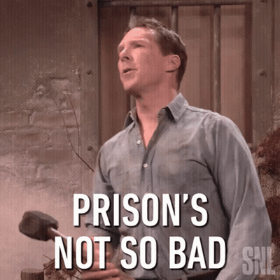 A Man Holding A Hammer With The Words Prison 'S Not So Bad On The Bottom GIF