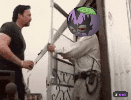 A Man Holding A Knife Next To A Purple Ball With A Green Brain In It GIF