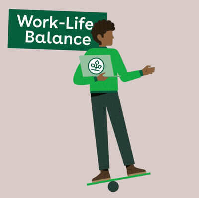 A Man Holding A Laptop Balances On A Skateboard Under A Sign That Says Work Life Balance GIF