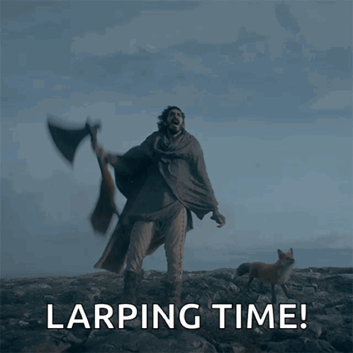 Man Holding Axe With Larping Time Text GIF