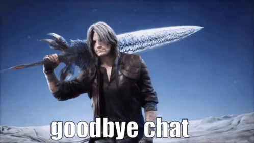 A Man Holding A Large Sword With The Words Goodbye Chat Written On The Bottom GIF
