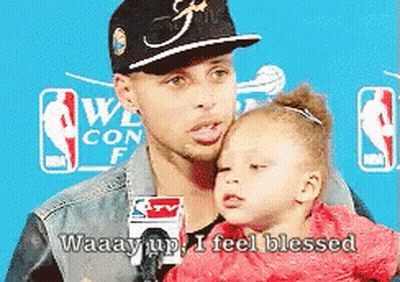 A Man Holding A Little Girl With The Words Waaaay Up I Feel Blessed On The Bottom GIF