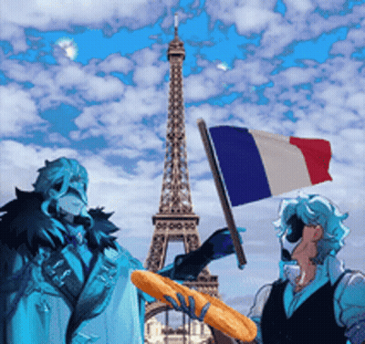 A Man Holding A Loaf Of Bread And A Flag In Front Of The Eiffel Tower GIF