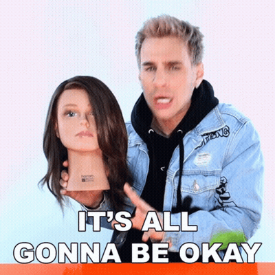 A Man Holding A Mannequin Head With The Words " It 'S All Gonna Be Okay " Above Him GIF