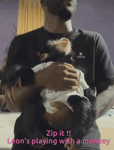 A Man Holding A Monkey With The Caption Zip It !! Leon 'S Playing With A Monkey GIF