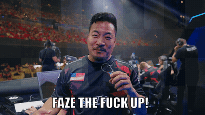 A Man Holding A Pair Of Glasses With The Words Faze The Fuck Up Above Him GIF