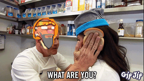 A Man Holding A Piece Of Bread Over A Woman 'S Ear With The Words " What Are You " On The Bottom GIF