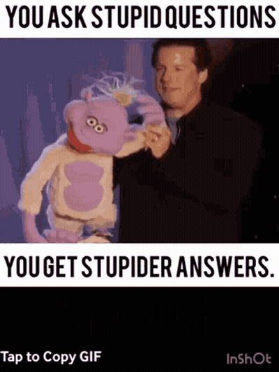 A Man Holding A Purple Puppet With The Words " You Ask Stupid Questions You Get Stupider Answers " GIF