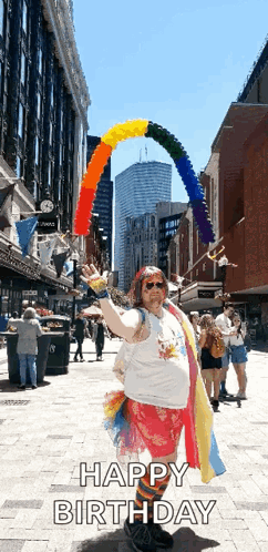 A Man Holding A Rainbow Balloon With The Words Happy Birthday Below Him GIF