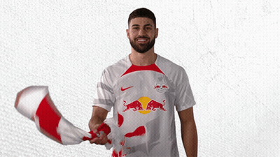A Man Holding A Red And White Flag With A Bull On It GIF