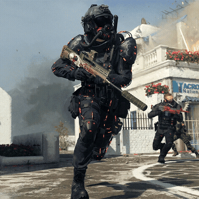 A Man Holding A Rifle In Front Of A Building That Says Acronational GIF