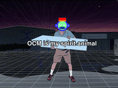 A Man Holding A Sign That Says Ocm Is My Spirit Animal In Front Of A Dream Corp Llc Building GIF