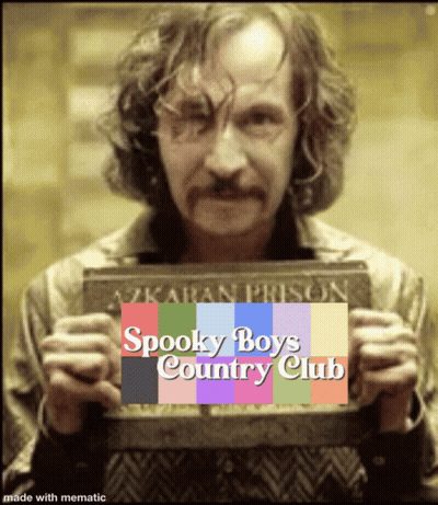 A Man Holding A Sign That Says " Spooky Boys Country Club " GIF
