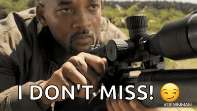 A Man Holding A Sniper Rifle With The Words " I Don 'T Miss " On The Bottom GIF