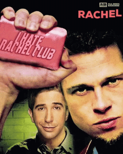 A Man Holding A Soap Bar That Says " I Hate Rachel Club " GIF