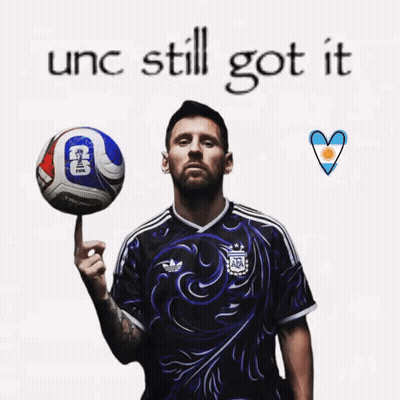 A Man Holding A Soccer Ball With The Words " Unc Still Got It " On The Bottom GIF