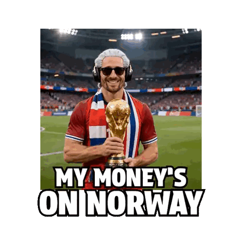 A Man Holding A Soccer Trophy With The Words My Money 'S On Norway Below Him Sticker