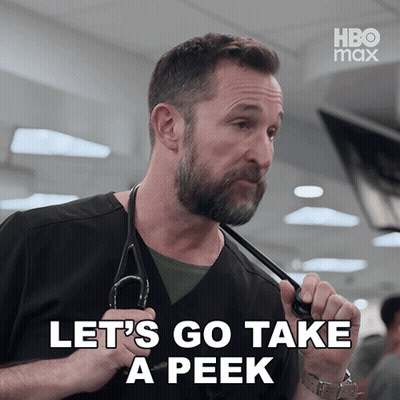 A Man Holding A Stethoscope With The Words Let 'S Go Take A Peek Below Him GIF