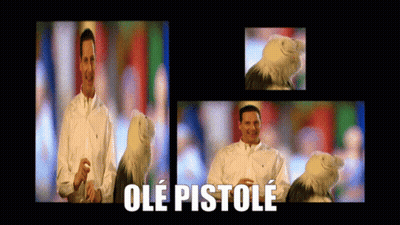 A Man Holding A Stuffed Eagle With Ole Pistole Written In White GIF