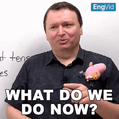 A Man Holding A Stuffed Pig With The Words What Do We Do Now On The Bottom GIF