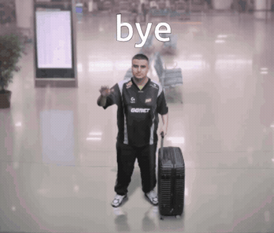a man holding a suitcase with the word bye written on it