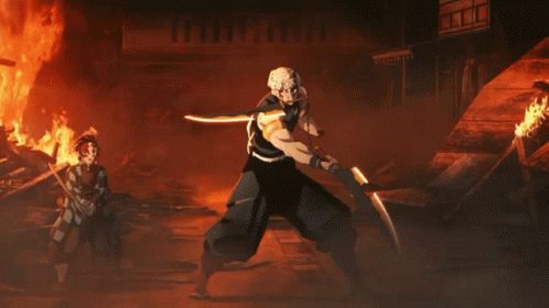 A Man Holding A Sword In Front Of A Burning Building GIF