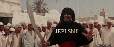 A Man Holding A Sword In Front Of A Crowd With The Words Jepi Shill On The Bottom GIF