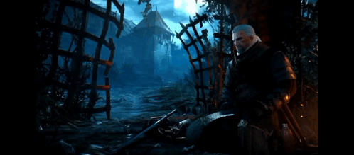 A Man Holding A Sword In Front Of A Fence GIF