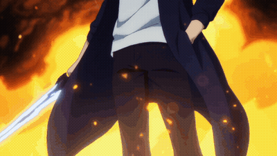A Man Holding A Sword In Front Of A Fire Background GIF