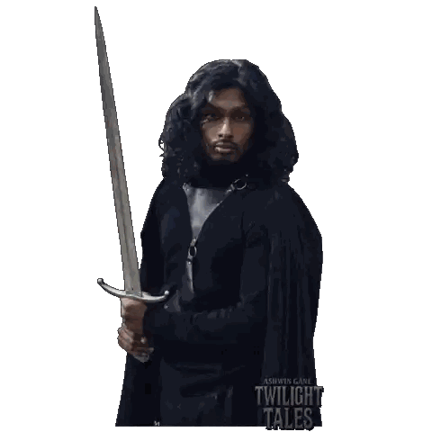 A Man Holding A Sword In Front Of A Twilight Tales Sticker