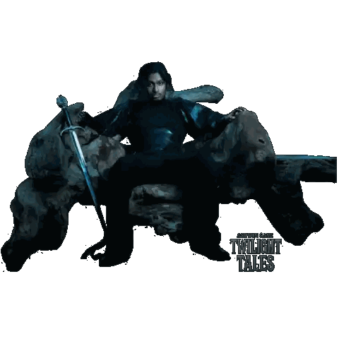 A Man Holding A Sword Is Sitting On A Tree Branch With The Words Twilight Tales Below Him Sticker