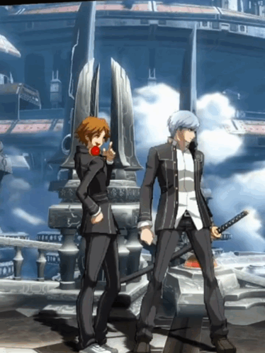 A Man Holding A Sword Is Standing Next To A Woman Holding An Apple GIF