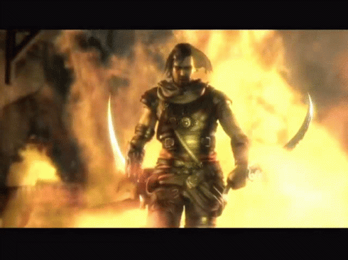 A Man Holding A Sword Stands In Front Of A Fire GIF