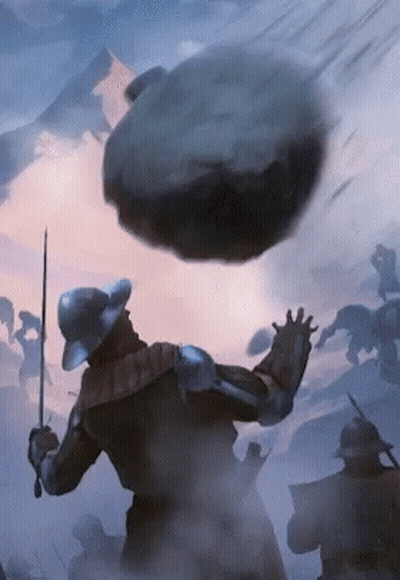 A Man Holding A Sword Stands In Front Of A Rock GIF