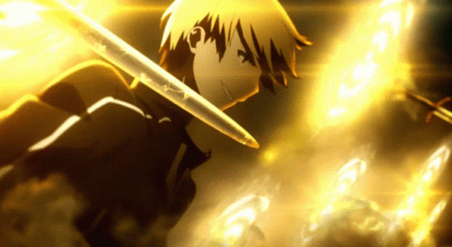 A Man Holding A Sword With A Glowing Background GIF