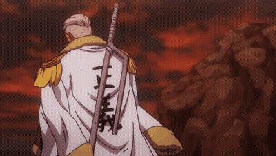 A Man Holding A Sword With Chinese Writing On His Back GIF