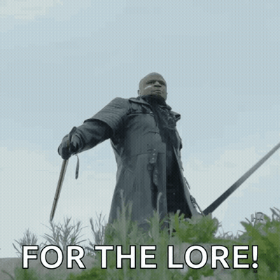 A Man Holding A Sword With The Words For The Lore Written Below Him GIF