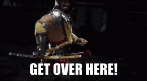 A Man Holding A Sword With The Words Get Over Here Written Below Him GIF